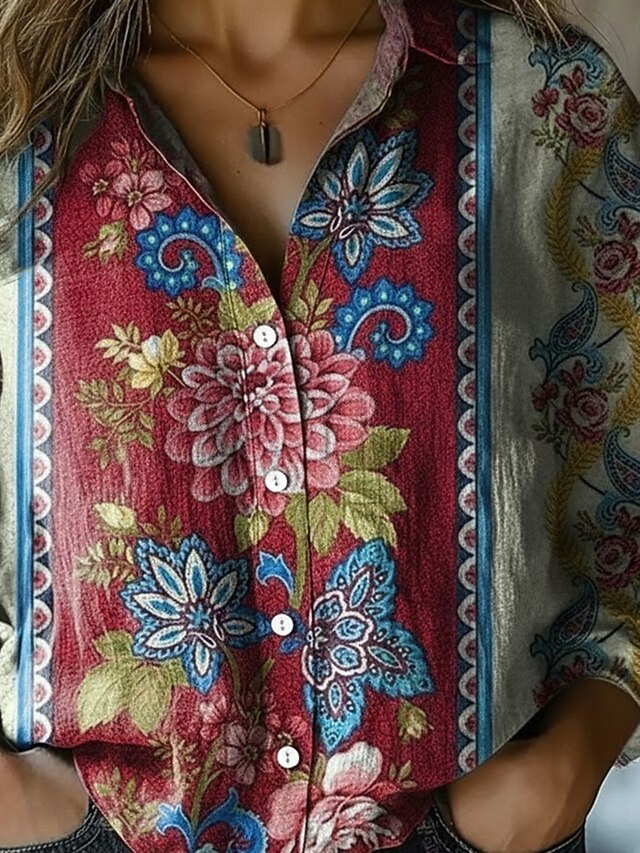 Women's Shirt Faux Cotton Linen Buttons Print Floral
