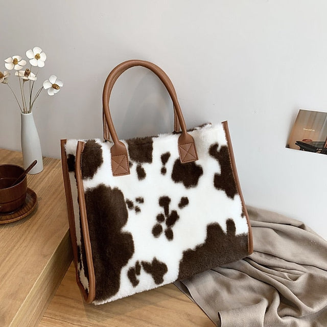 Brown Bag Leather Fur with Women's Print Faux Tote Leopard