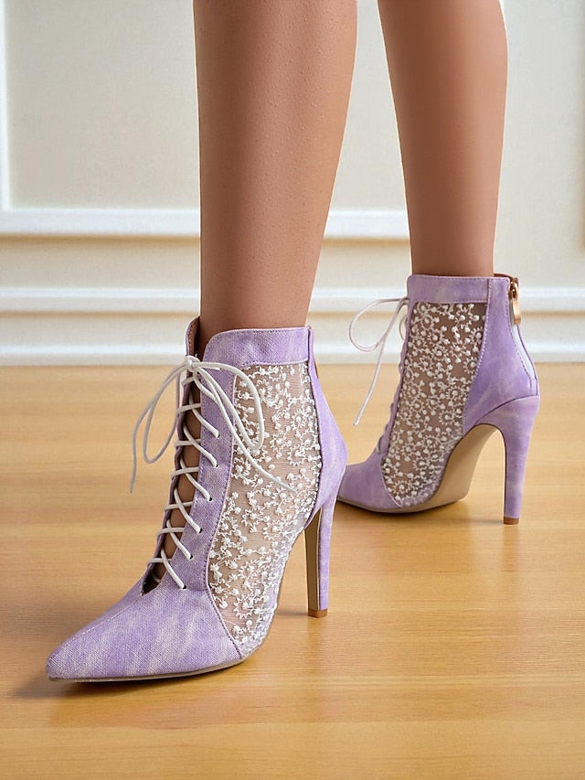 Women's White Stiletto Lace Heels Ankle Booties Mesh with