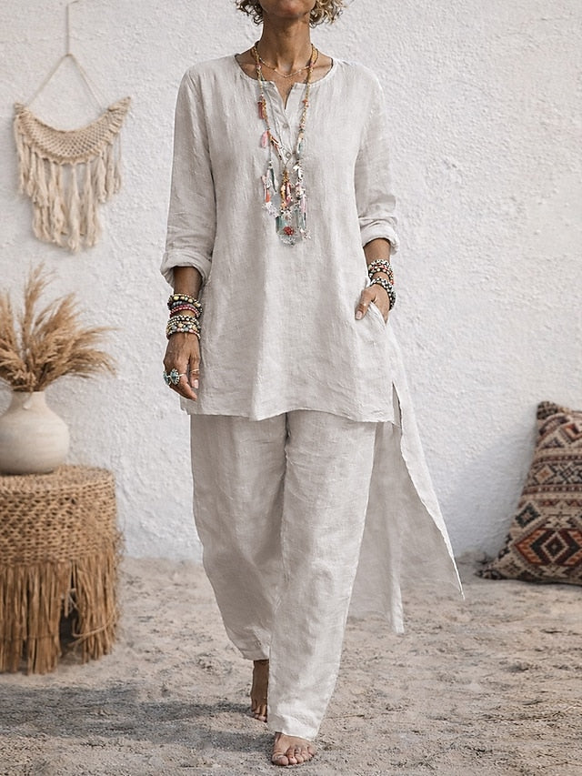 Women's Boho Shirt Sets Linen Like Two Piece Sets Faux