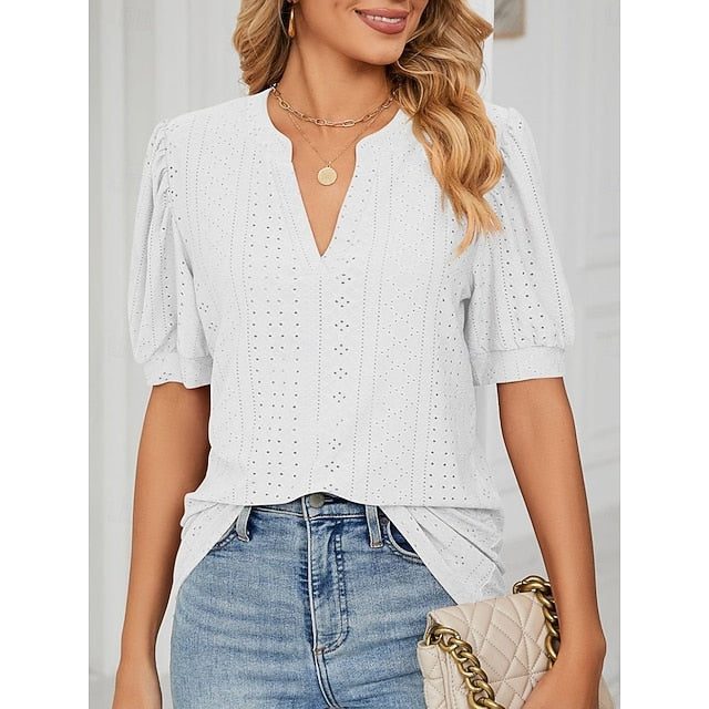 Women's T Shirt Eyelet Plain Fashion Modern Casual Short