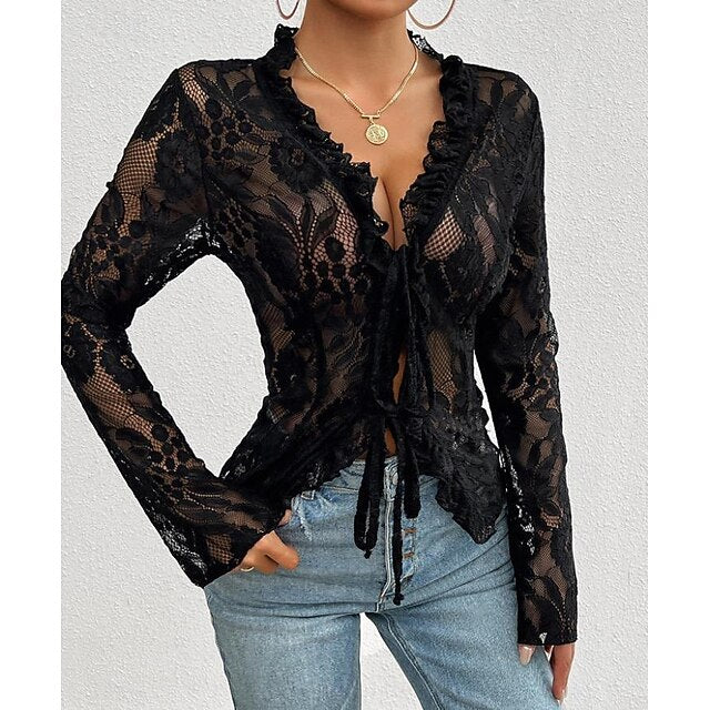 Women's Lace Solid Color Plain Stylish Long Sleeve Causal