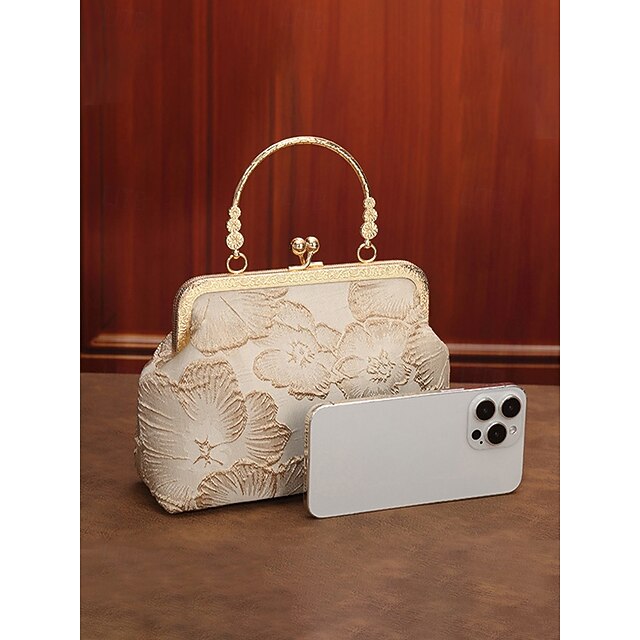 Women's Vintage Floral Brocade Pearl Handle Bag, Elegant