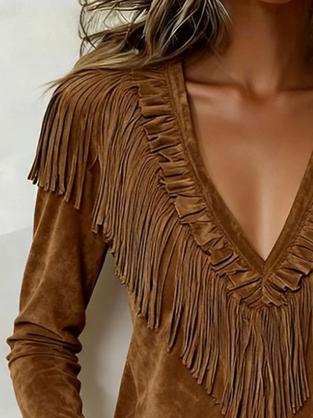 Women's Shirt Blouse Long Sleeve Tops Tassel Fringe Plain