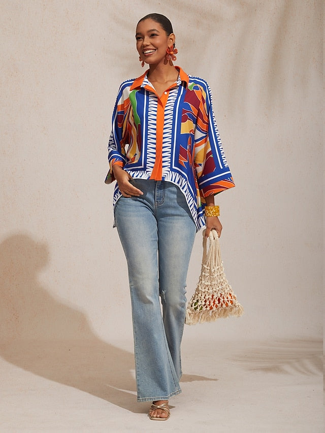 Vacation Geometric Color Block Print Batwing Sleeve Satin Short