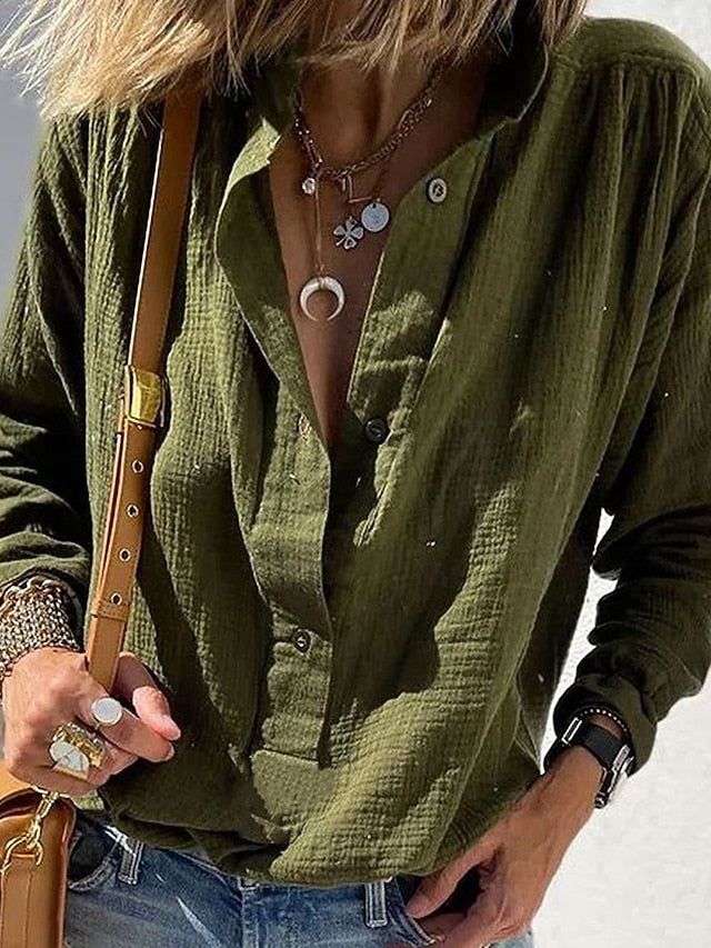 Women's Shirt Blouse Plain Vintage Stylish Long Sleeve V