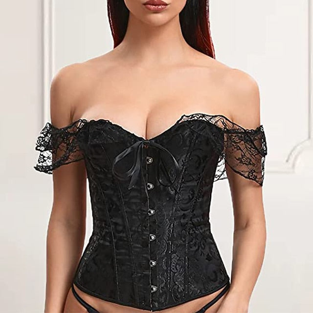Women Floral Lace Off Shoulder Overbust Corset Bustier Boned