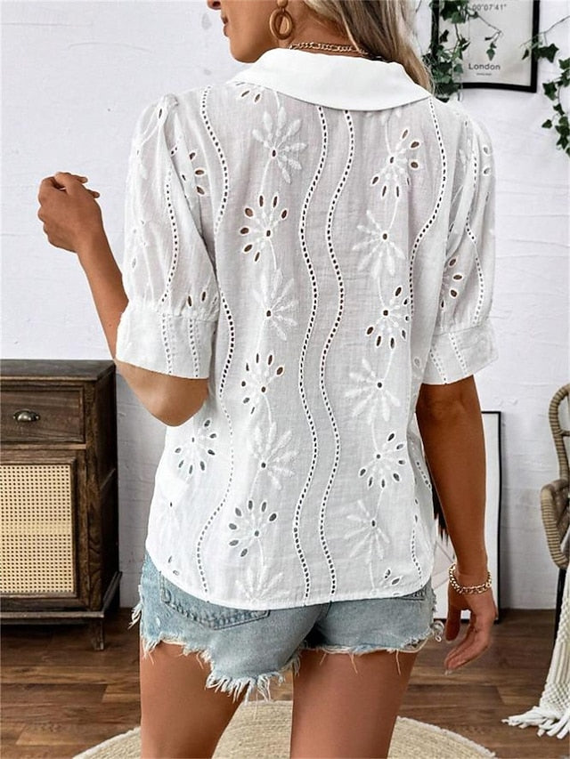Women's Summer Tops Blouse Eyelet top Ruched Patchwork