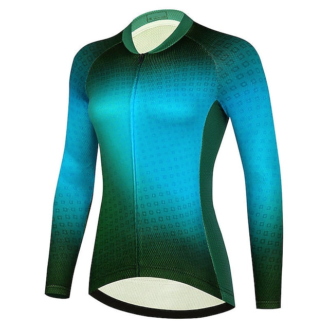 Women's Cycling Jersey Gradient Plaid Checkered Long Sleeve