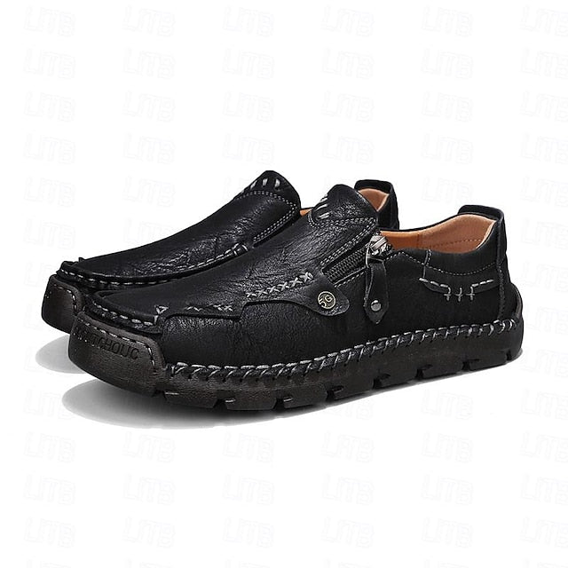 Leather with Side Faux Brown Slip-On Loafers Men's Zipper