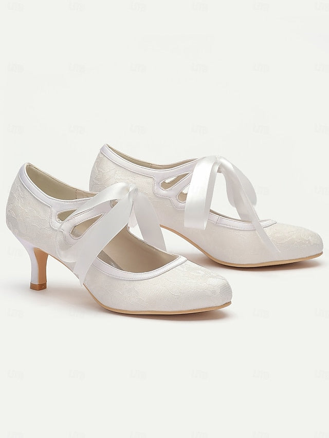 Pumps Elegant - Bridal Lace Satin White with Ribbon Vintage Ties