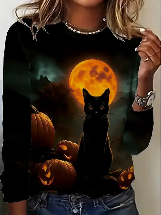 Women's T shirt Black Cat Graphic Cat Pumpkin Vintage