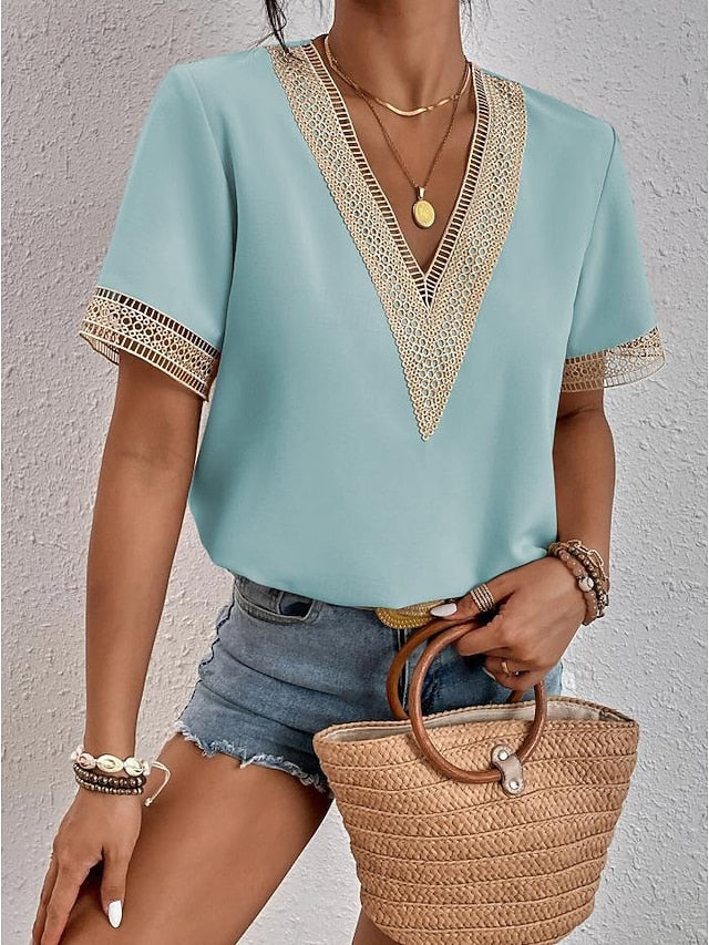 Women's Elegant Lace Tops Eyelet Blouse Lace Work Stylish