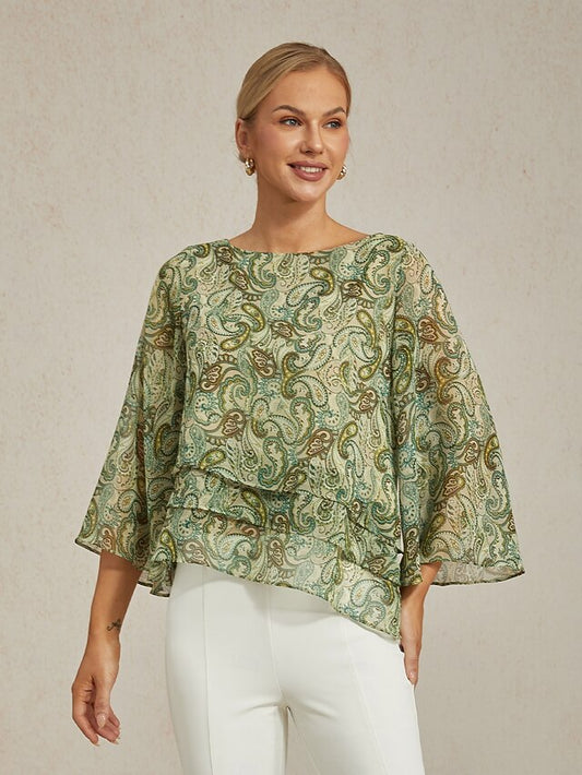 Women's Blouse Green Paisley Floral Layered 3/4 Sleeve