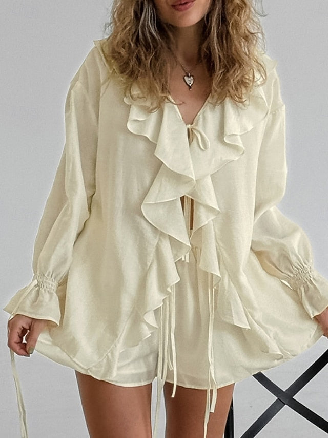 Women's Shirt Two Piece Sets Shorts Sets Long Sleeve V Neck