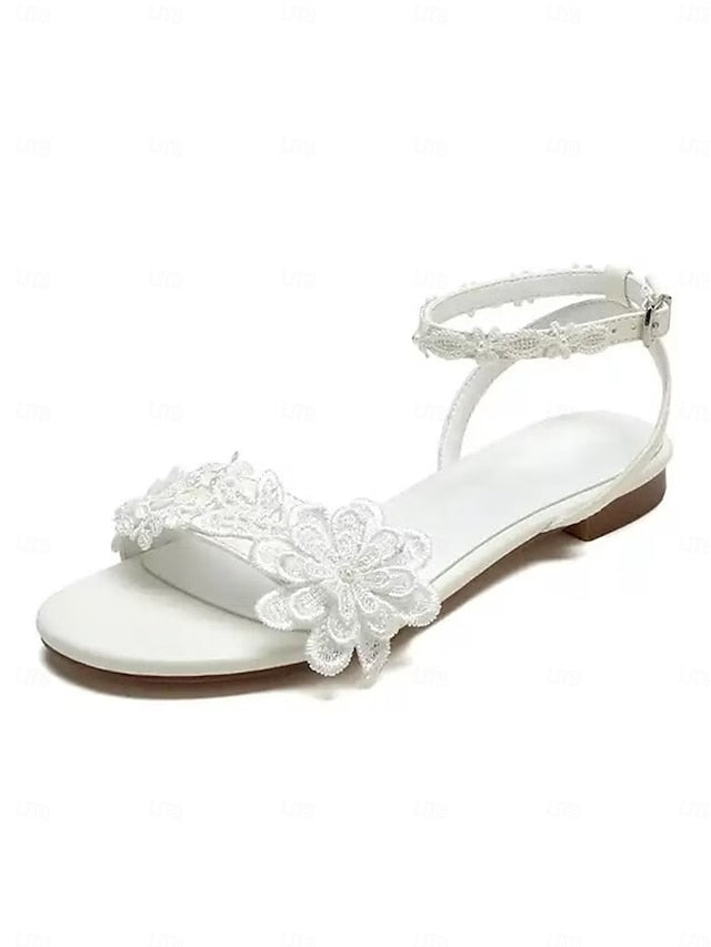 Floral Sandals White with Ankle Lace Open-Toe Flats Block Straps