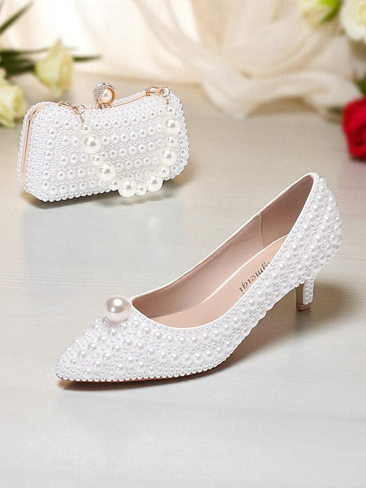 Pearl-Embellished Women's Kitten Pumps and Heel Matching