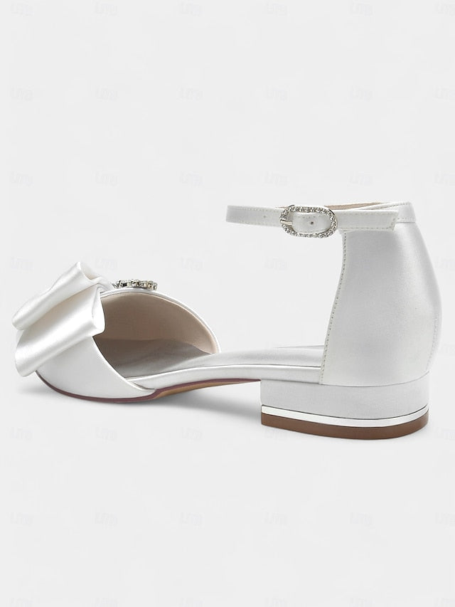and Bow with Satin Ankle White Pointed-Toe Rhinestone Heels
