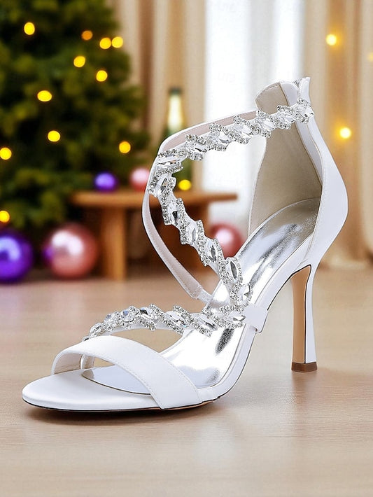 Strappy Sandals Heel Women's White Rhinestone - High