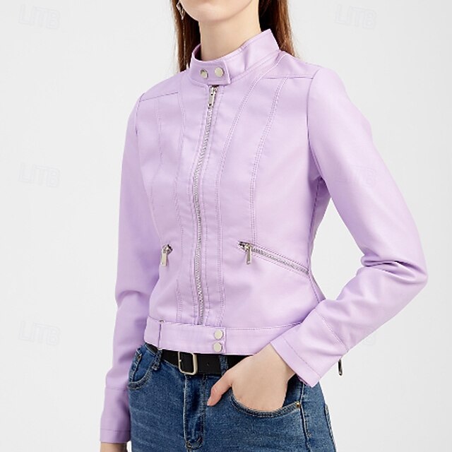 Women's Jacket Pocket Faux Zipper Leather Comfortable