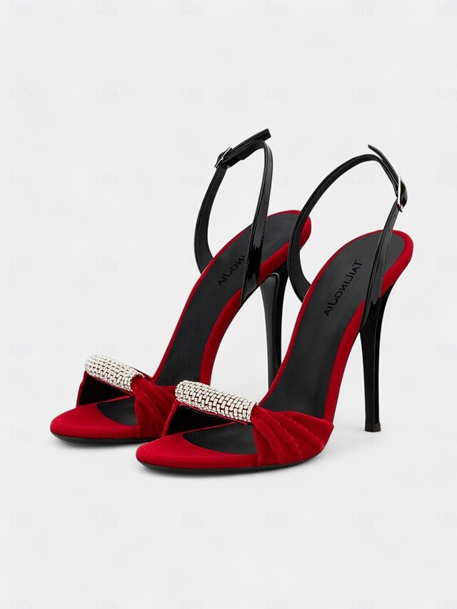 Heels Velvet Red Bold Accent – with Rhinestone Stiletto