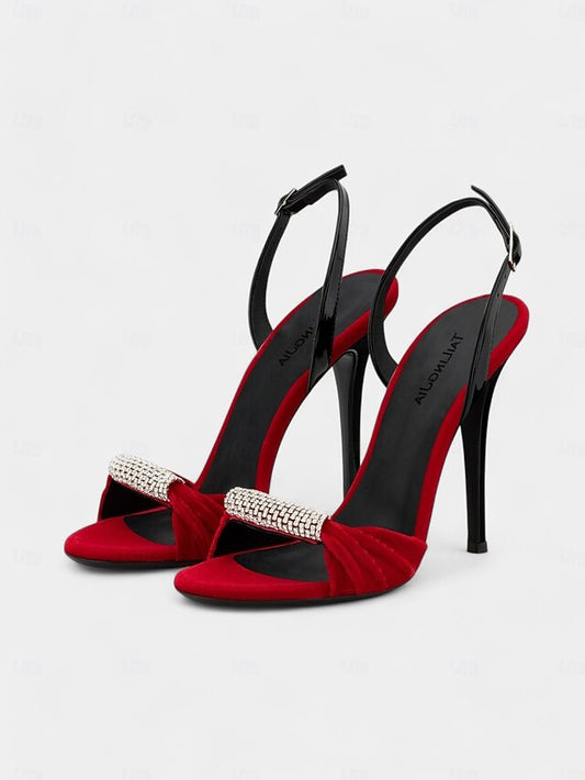Heels Velvet Red Bold Accent – with Rhinestone Stiletto