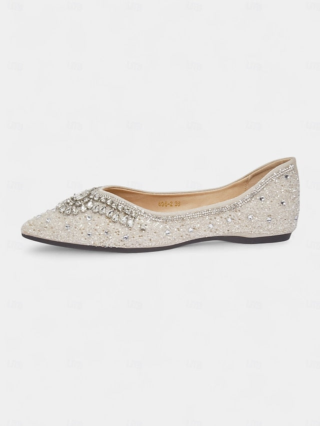 Silver Glitter Toe Pointed Flats with Crystal Women's