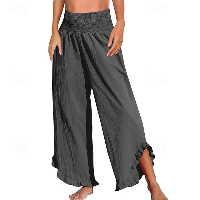 Women's Cotton Linen Pants Culottes Wide Leg Slacks Fashion