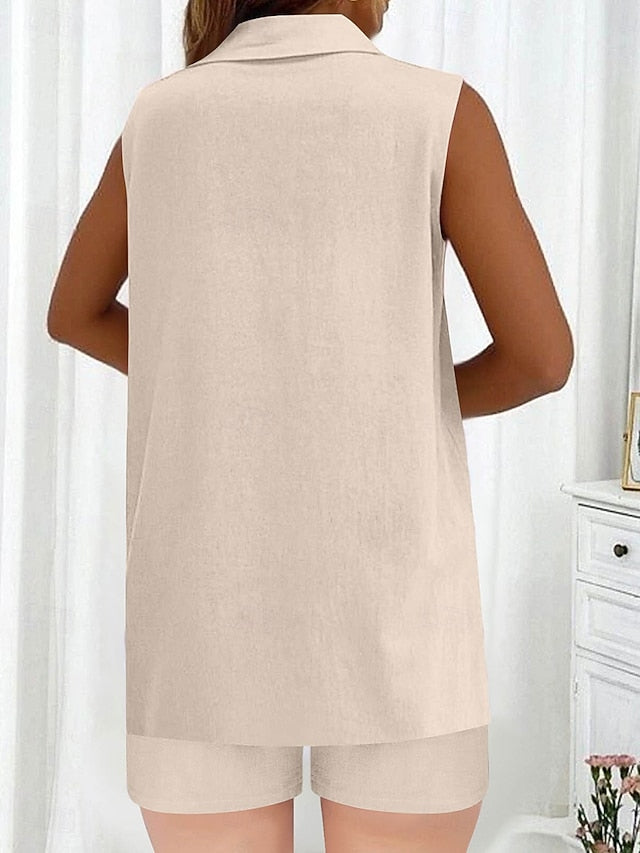 Women's Shorts Sets Sleeveless Shirt Collar Plain Ruched