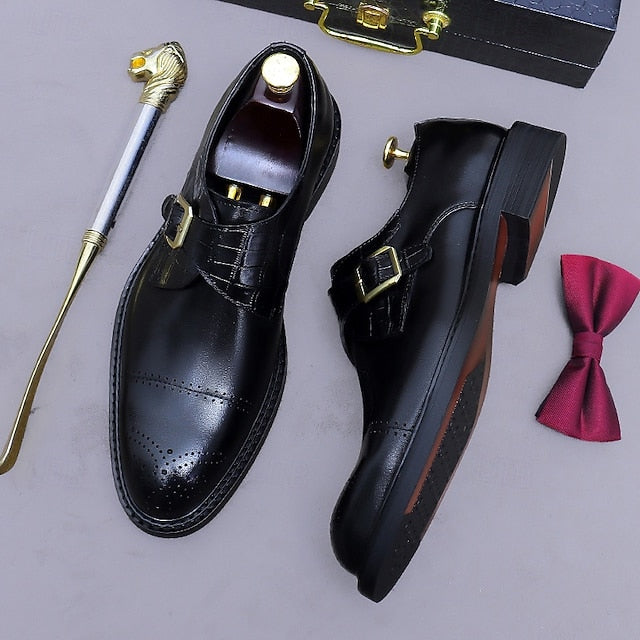Genuine Leather Strap Men's Shoes- Black First Monk