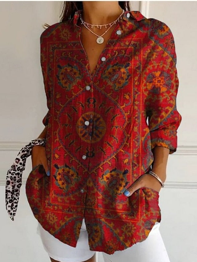 Women's Shirt Pocket Buttons Print Floral Graphic Ethnic