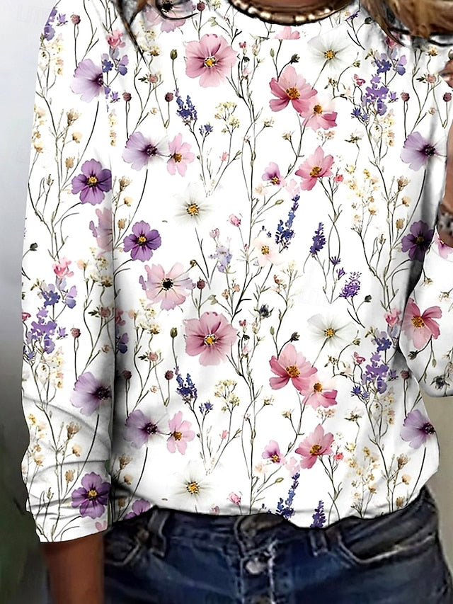 Women's T shirt Crew Neck Long Sleeve Tunic Floral Elegant