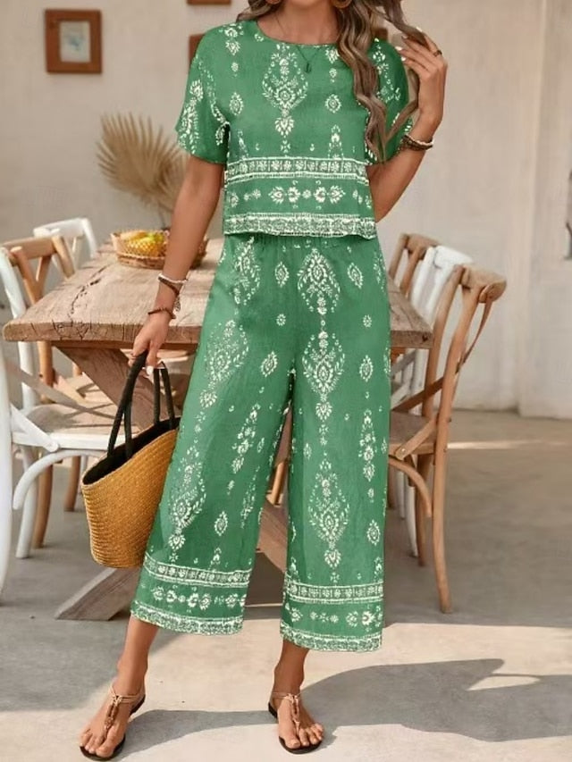 Women's Pants Sets Short Sleeve Round Neck Floral Graphic