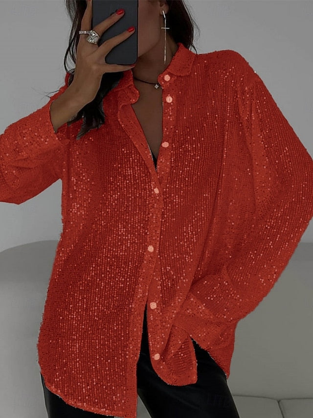 Women's Casual Shirt Button Up Shirt Blouse Sequins Buttons