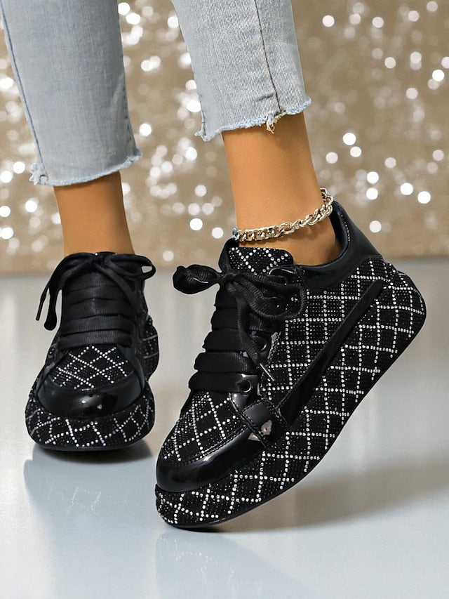 Silver Black Women's Rhinestone Quilted Sneakers - and