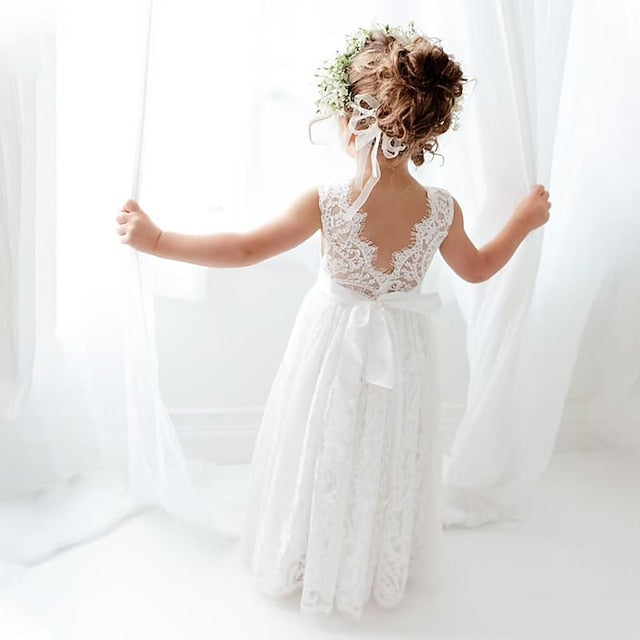 Girls' Colored Solid Sleeveless Wedding Kids Party Dress