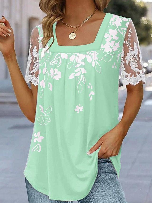 Women's T Shirt Mesh Patchwork Top Lace T-shirt Lace Print
