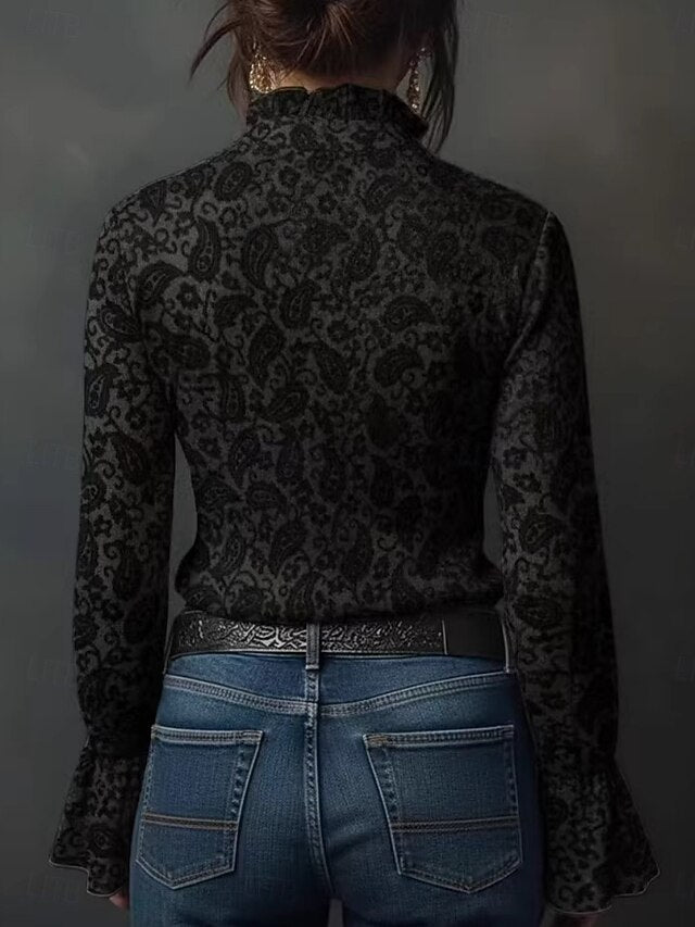Women's Shirt Blouse Lace Tops Zipper Floral Graphic