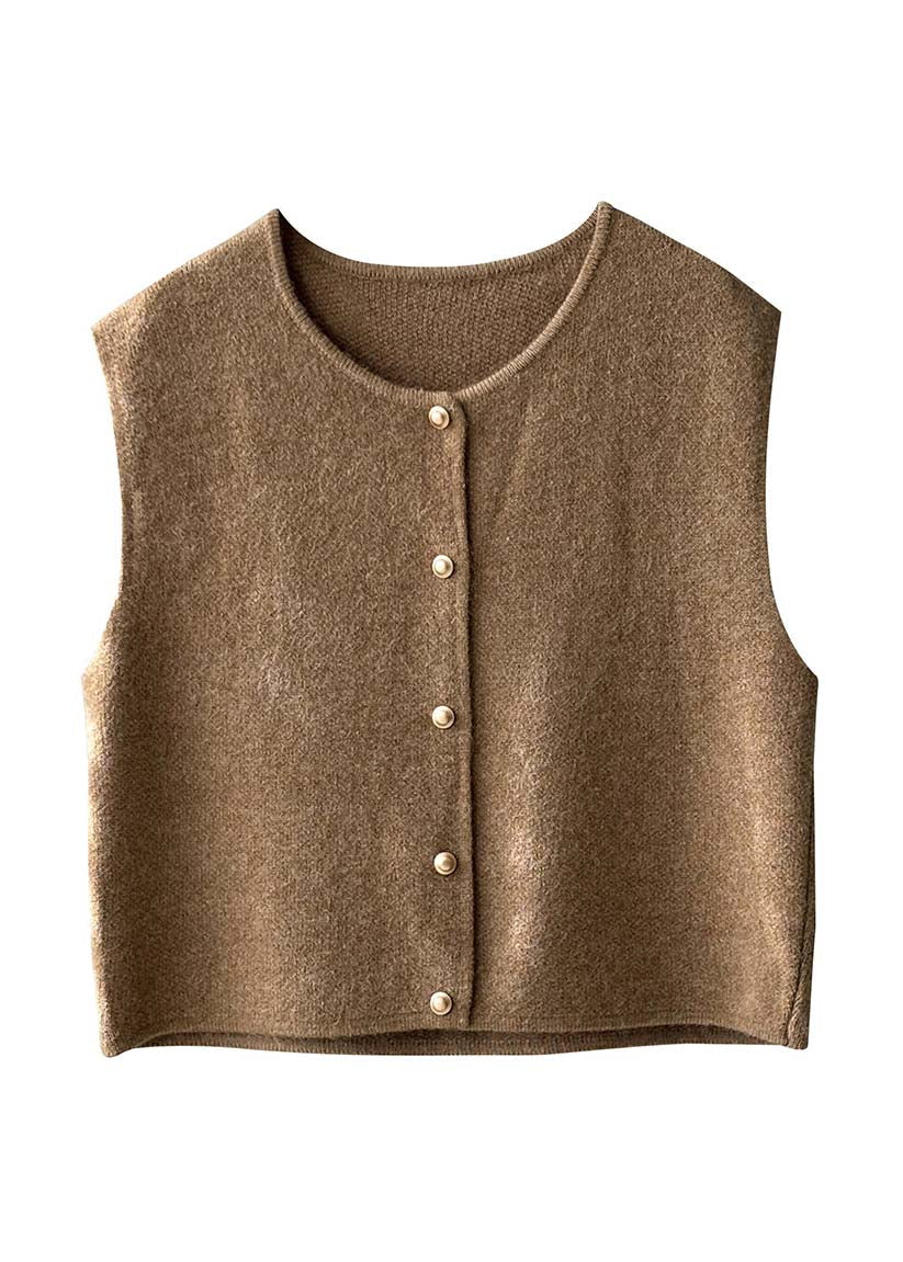 Women Khaki O Neck Button Knit Vest Tops Sleeveless AF1082