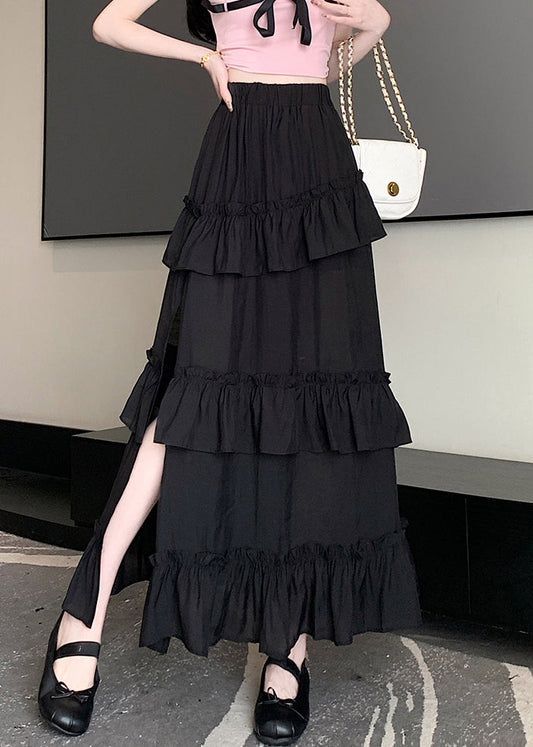 Neuer schwarzer Baumwollrock mit Rüschen und elastischer Taille für den Sommer NN015