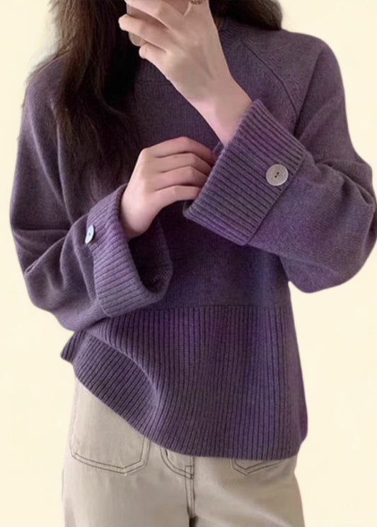 Casual Purple O-Neck Cozy Cotton Knit Sweater Top Fall QP023