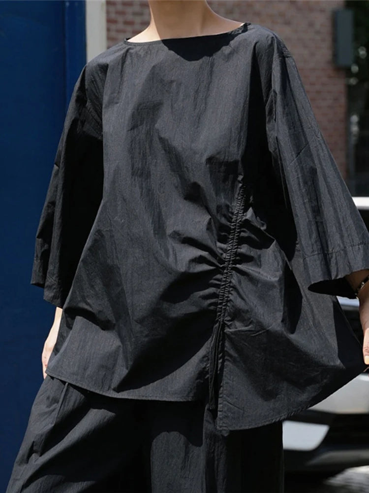 Cotton Asymmetrical Casual Sleeve Half Khaki Drawstring Top