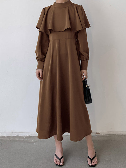 Waist Neck Ruffle A-Line Mock Elegant Tied Trim Long Coffee