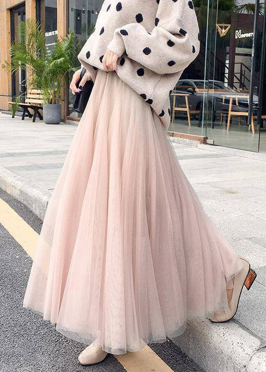 Simple Coffee Solid Elastic Waist Tulle Skirt Spring G197