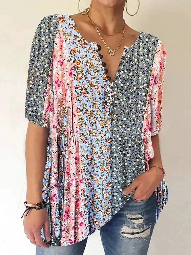 Women's Loose Floral V Neck Casual Shirt ap50