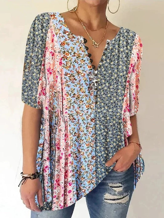 Chemise ample décontractée à col en V et à fleurs pour femme ap50