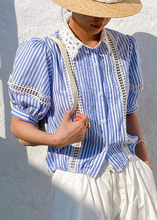 Cotton Fashion Striped Hollow Blue Blouses Out Summer