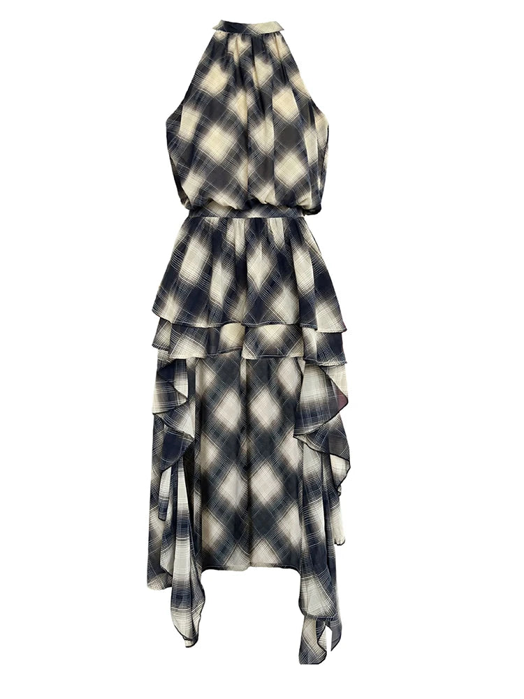 Khaki Top Plaid Asymmetric Halter Sleeveless Neck Uniaue High-Low