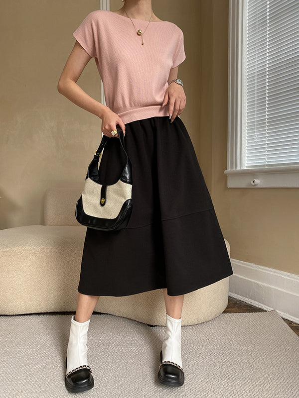 Short Neck Top Stylish Pink Boat Knit Sleeve Loose