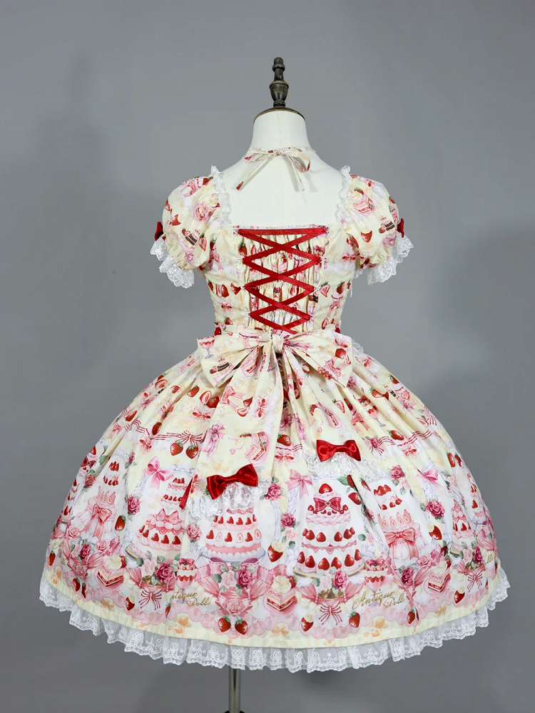 Full Accents Lolita Sweet Cake Print Bow / Dress Set Yellow Strawberry